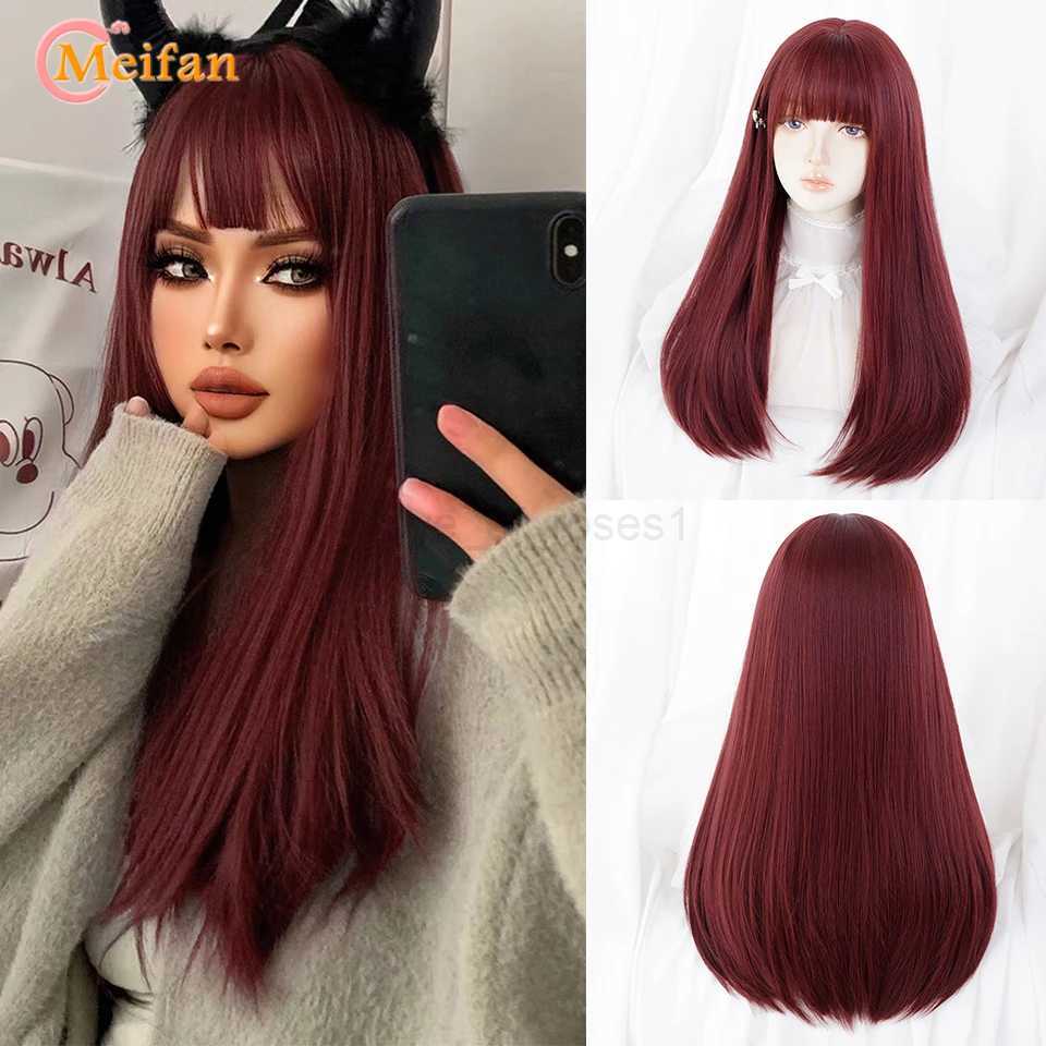 MEIFAN Synthetic Long Straight Lolita Wig with Bangs Wig Girl Cute Ombre Pink Blonde Black Cosplay Party Halloween Harajuku WigM240712