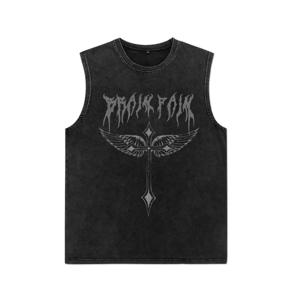 Vintage Washed Vest Hip Hop Streetwear 100% Cotton Tank Top Mens Gothic Letter Print Sleeveless Y2K Punk Rock T Shirt Summer 240703
