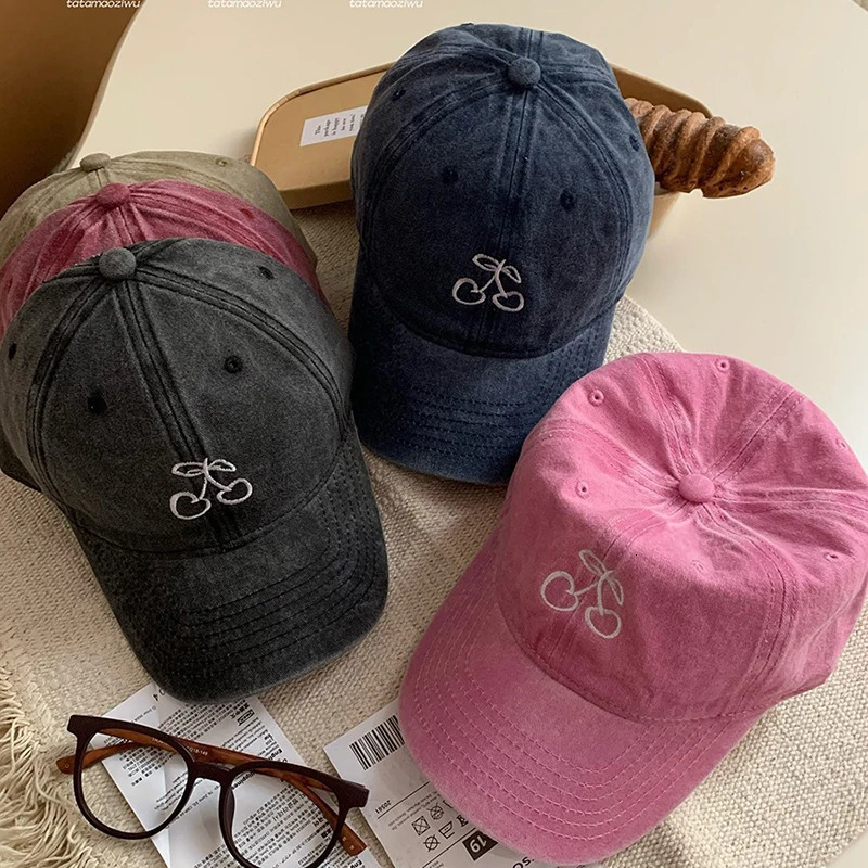 Pink Cherry Baseball Cap Women Y2K Korean Embroidered Hat Summer Solid Color Adjustable Female Sun Visor Hats 240626