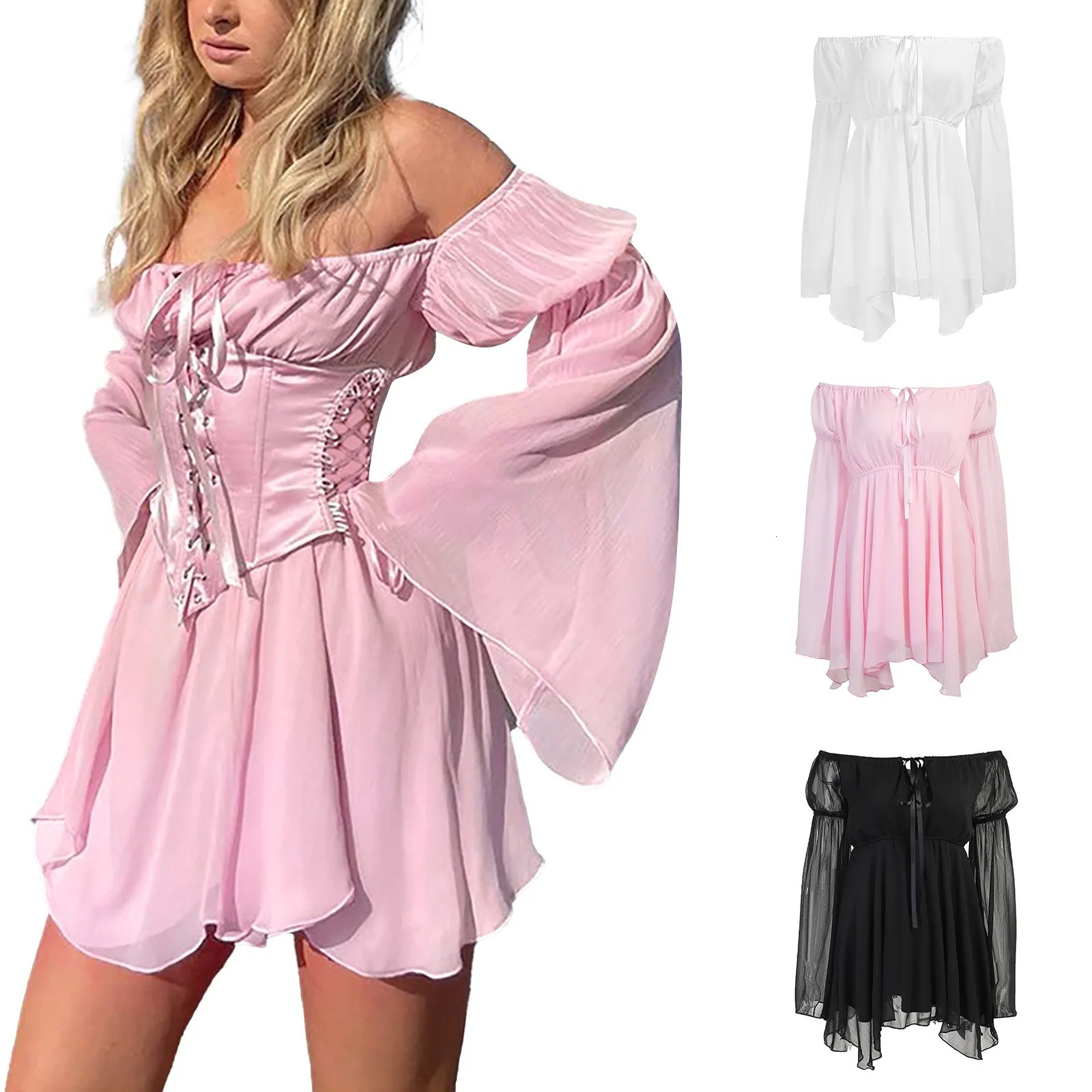 Sexy Off Shoulder Flare Sleeve Dress Lace Up Corset Elegant Dresses Solid Color Casual Swing Robe Womens Summer Chiffon 240712
