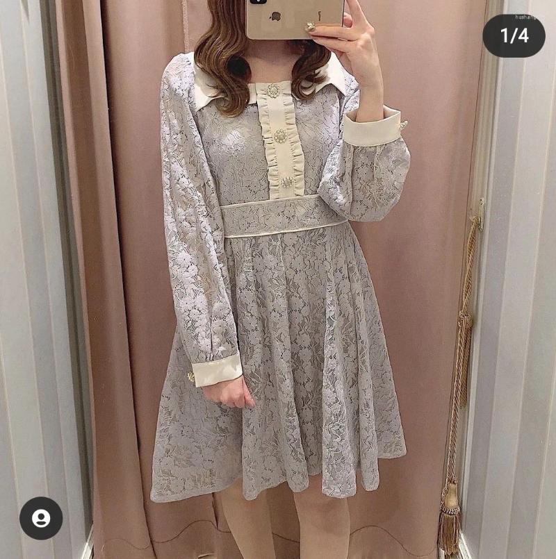 Casual Dresses Japanese French Style Square Collar Drill Bucket Lace Elegant Dress Sweet Cute Female Long Sleeve Waist Trimming Short