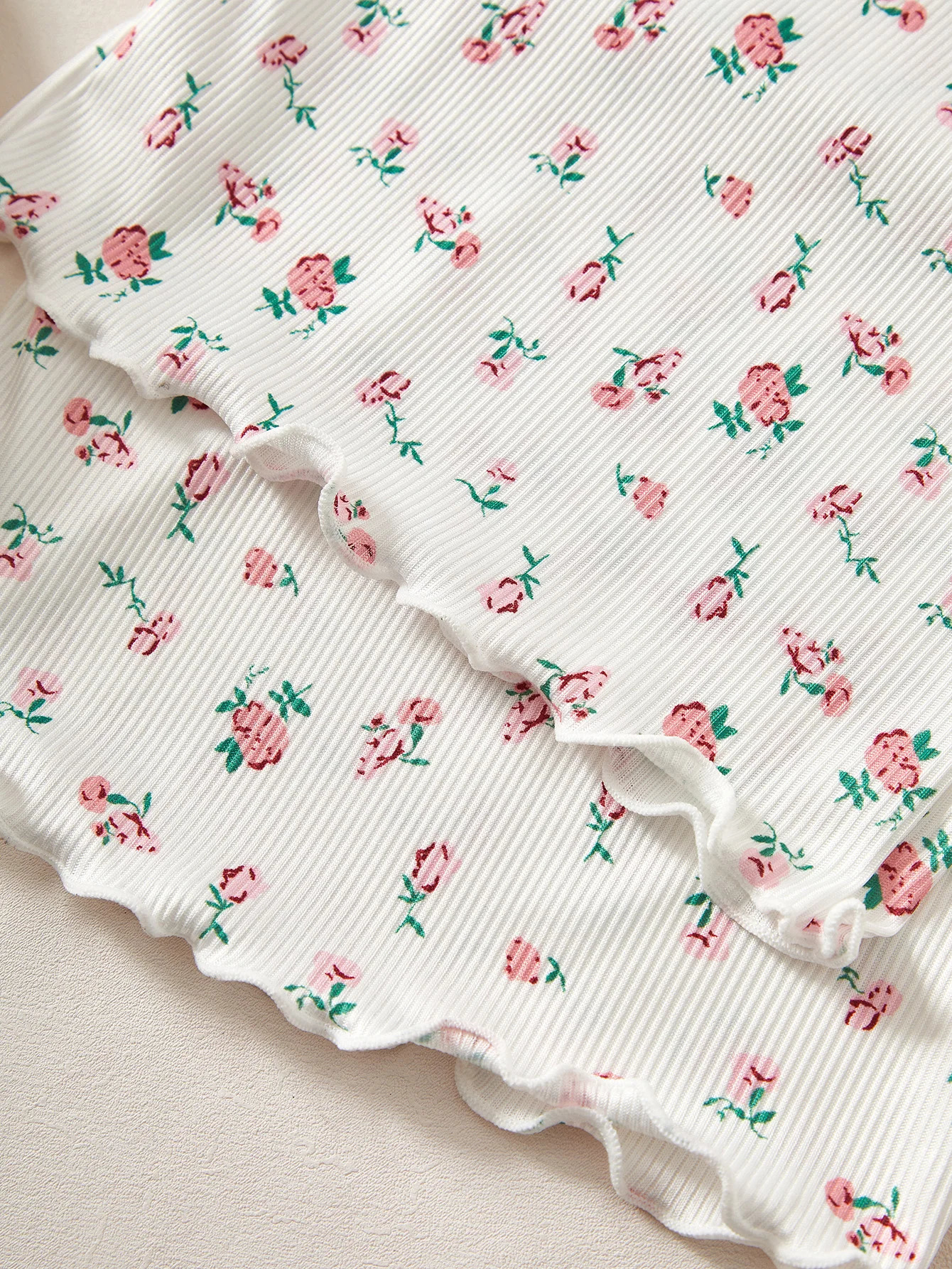 Womens Sleepwear Ditsy Floral Print Lettuce Trim PaJamas Set Elastic Waistband Loungewear Full Sleeve Nightwear 240712