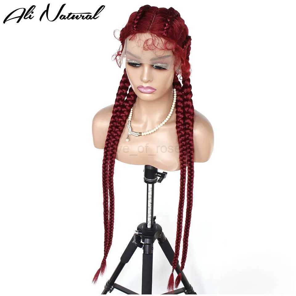 99J Burgundy Red Color 4 Box Braids Lace Wig Full Hand Braided Synthetic Fiber Hair Wig For Afro Black WomenM240712