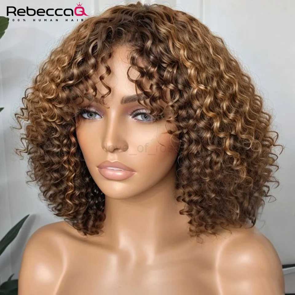 Short Curly Bob Wigs With Bangs Full Machine Made Wigs Highlight Honey Blonde Colored Wigs For Women Cheap Remy HairM240712