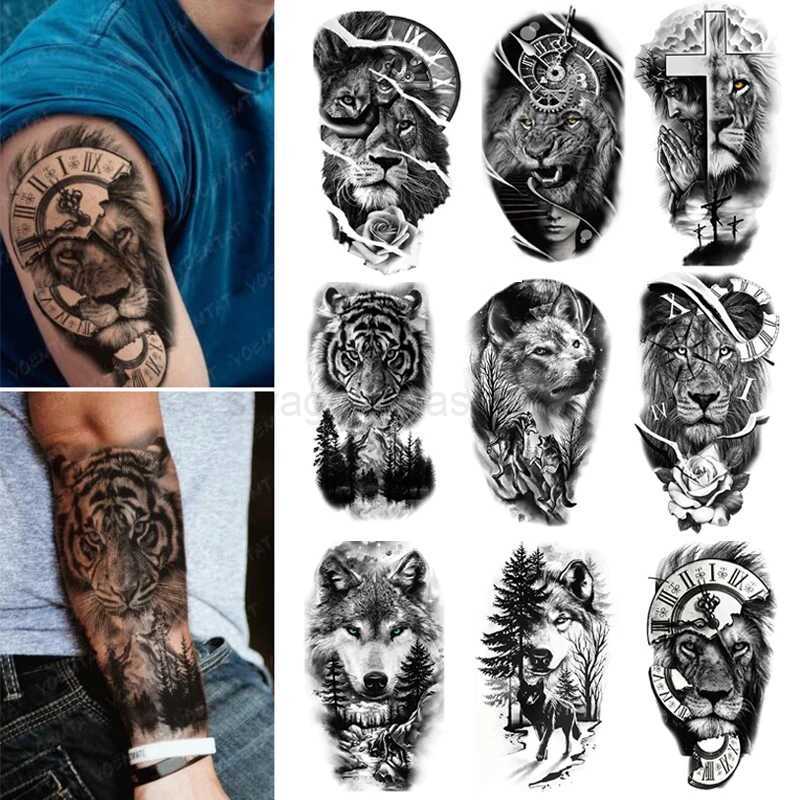 Waterproof Temporary Tattoo Sticker Lion Crown Flash Tatto Wolf Tiger King Rose Flowers Body Art Arm Fake Tatoo Men Women YZL9B240712
