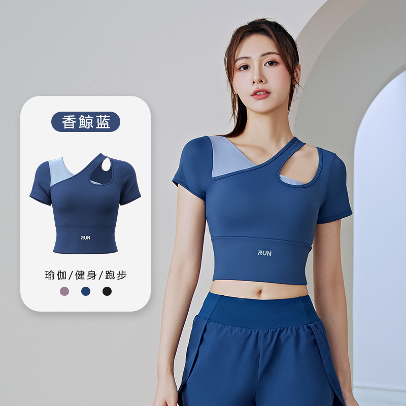 Peach Slant Shoulder Color Blocked Yoga Short Sleeved Fitness with Chest Mat Sports Top for Women Workout Clothe Woman Yoga Clothes Yoga Top
