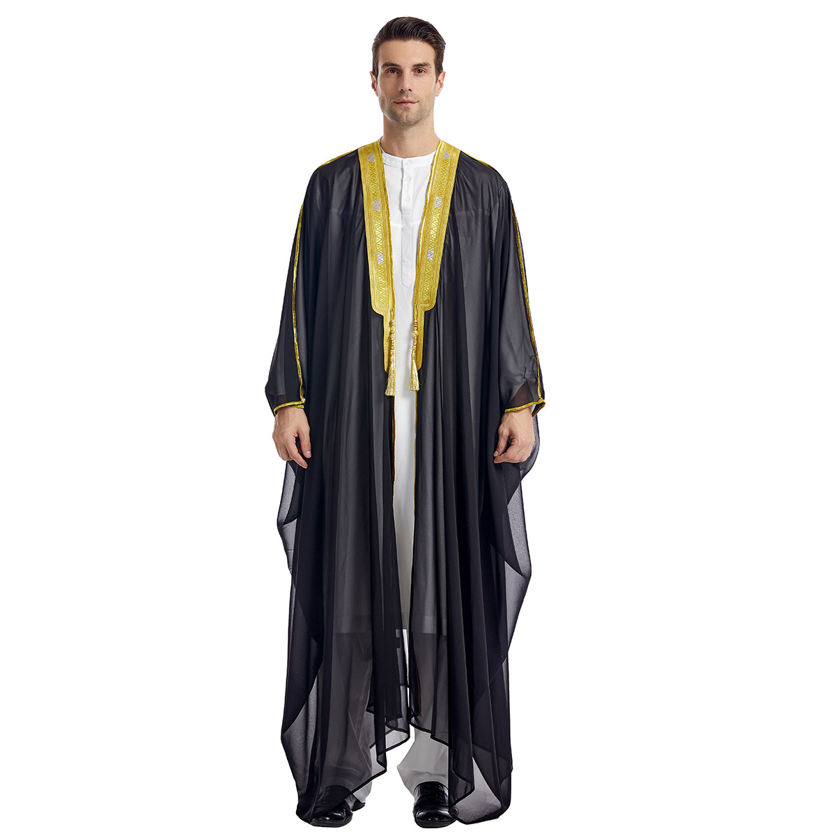 Gold Embroidery White Agbada Men African Traditional Clothes Nigeria Outfit Muslim Chiffon Outer Garment