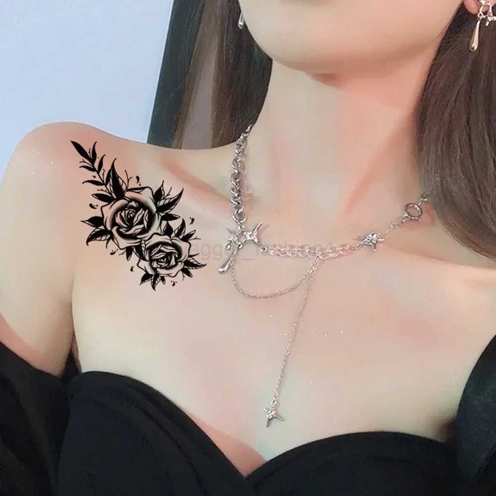 Black Rose Temporary Tattoo Sticker Flower Feather Elephant Body Clavicle Ankle Legs Arm Art Fake Tatto Party Bikini TatoosB240712