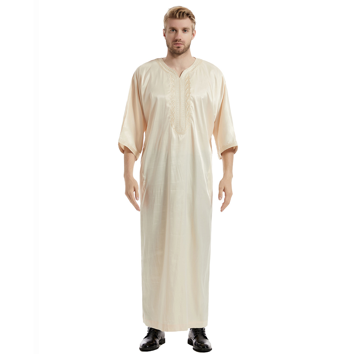 Muslim Men Agbada Embroidery Dashiki Plus Size Boubou Mid Sleeve Robe Mens Clothes Party Meeting Formal Attire