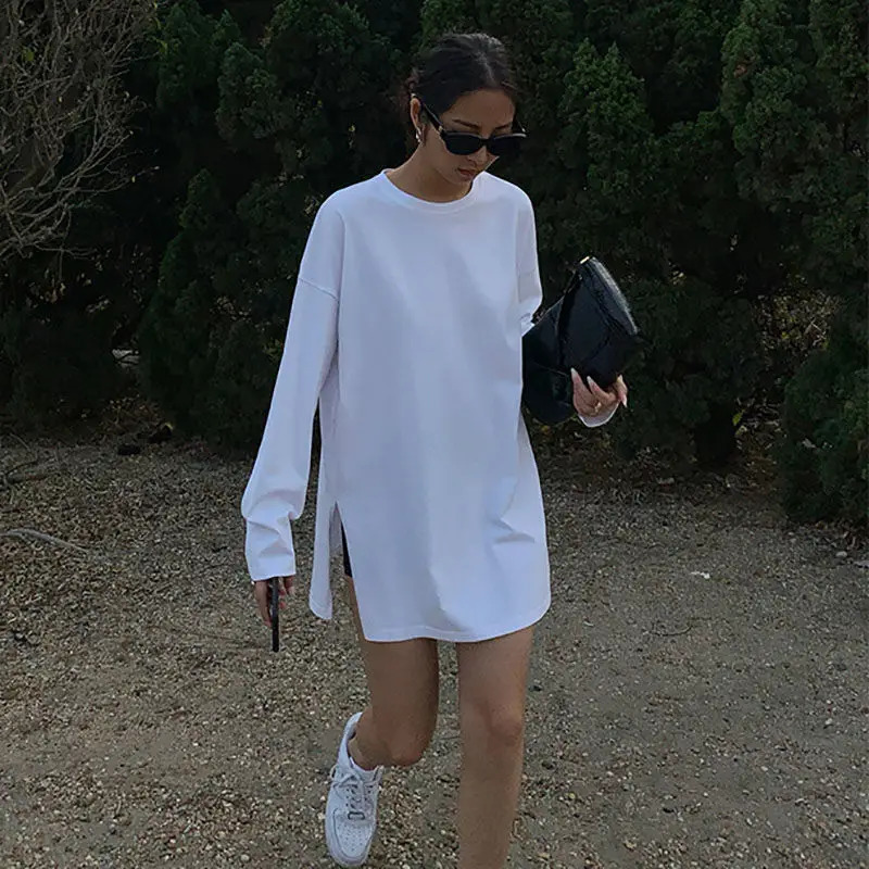 Oversize Split Fork Long Tshirt Women Casual Basic Oneck Sleeve Tee Shirt Autumn Tops 240712