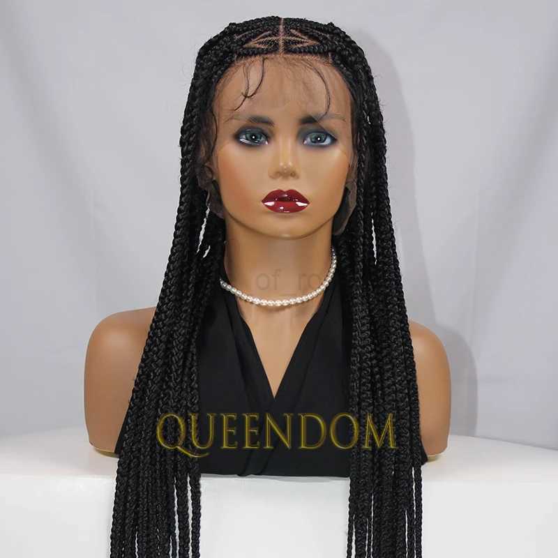 Queendom Synthetic Jumbo Knotless Full Lace Braid Wig 36 Inch Knotless Heart Braided Wig Cornrow Plait Braids Wig for Afro WomenM240712