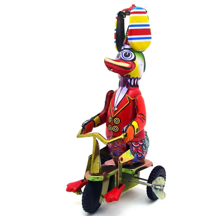 Funny Adult Collection Retro Wind up toy Metal Tin Duck on bike robot Mechanical Clockwork toy figure model kids baby gift 240711