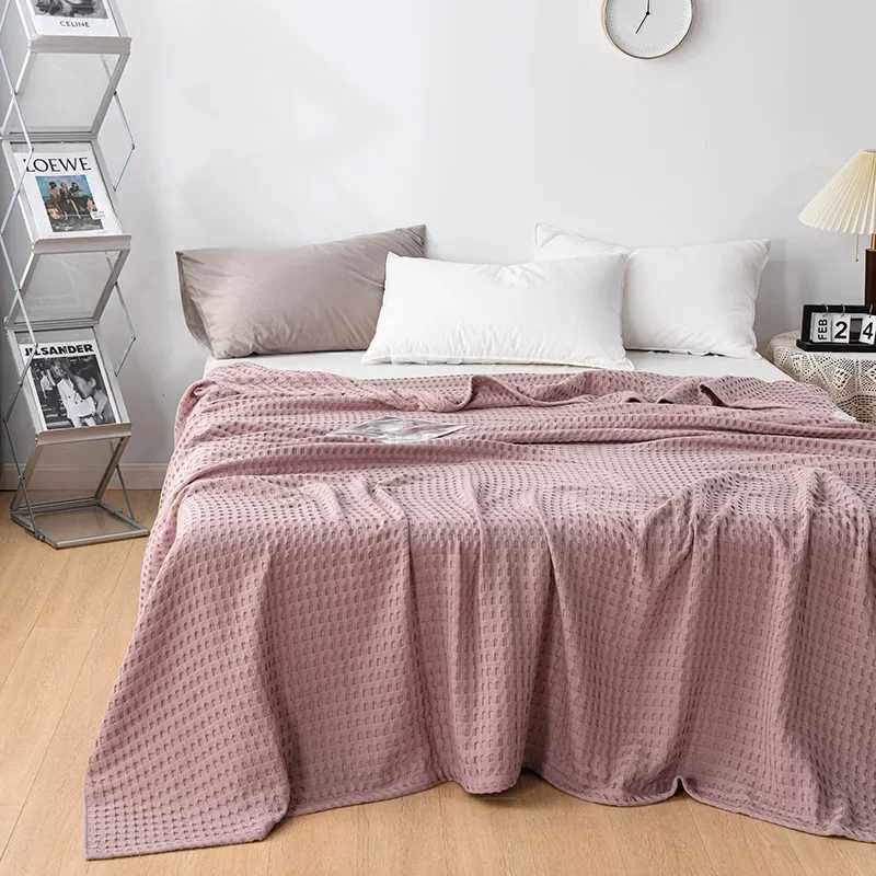 Summer Waffle Plaid Cotton Bed Blanket Throw Thin Quilt Knitted Bedspread Home Hotel Coverlets Green Pink Throw BlanketsB270712