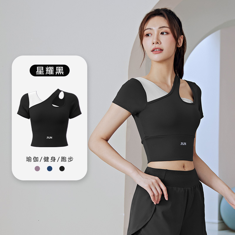 Peach Slant Shoulder Color Blocked Yoga Short Sleeved Fitness with Chest Mat Sports Top for Women Workout Clothe Woman Yoga Clothes Yoga Top
