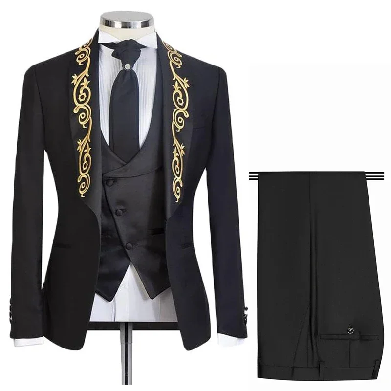 Italian Suits For Men Gold with Embroidery Shawl Lapel Slim Fit Wedding Groom Tuxedo 3 Pcs Costume (Jacket + Vest + Pants) 2024