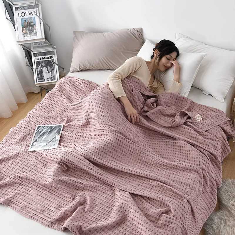 Summer Waffle Plaid Cotton Bed Blanket Throw Thin Quilt Knitted Bedspread Home Hotel Coverlets Green Pink Throw BlanketsB270712