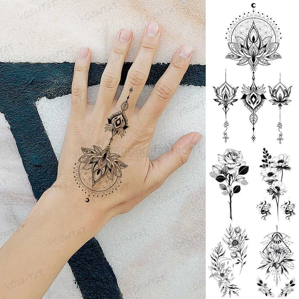 Waterproof Temporary Tattoo Sticker Black Henna Lace Arabian Lotus Totem Flower Flash Tatoo Women Finger Body Art Fake Tatto MenB240712