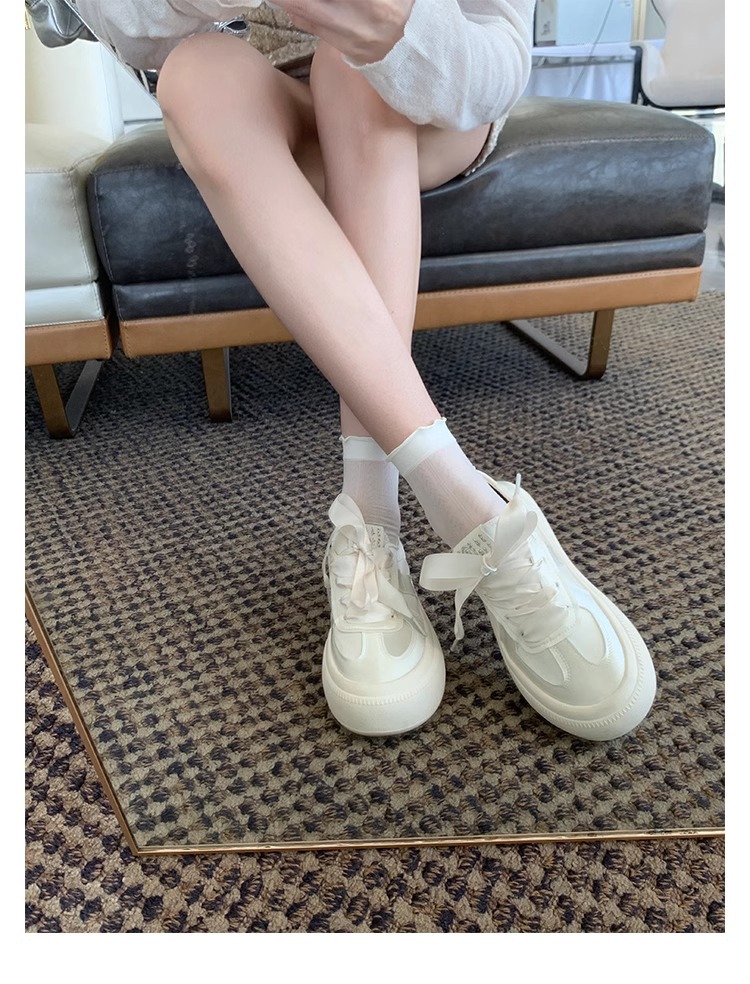 Designer In Black And Round Headed Patchwork Satin Leather White Height Increasing Thick Soled Lace Up Casual Board Shoes For Women