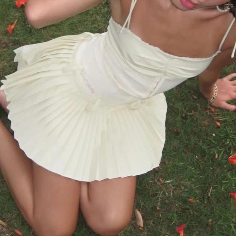 Casual Dresses Women Summer Y2k Fairycore Grunge Mini Dress Solid Sleeveless Backless Tie-up Bodycon Pleated 2000s Aesthetic Party