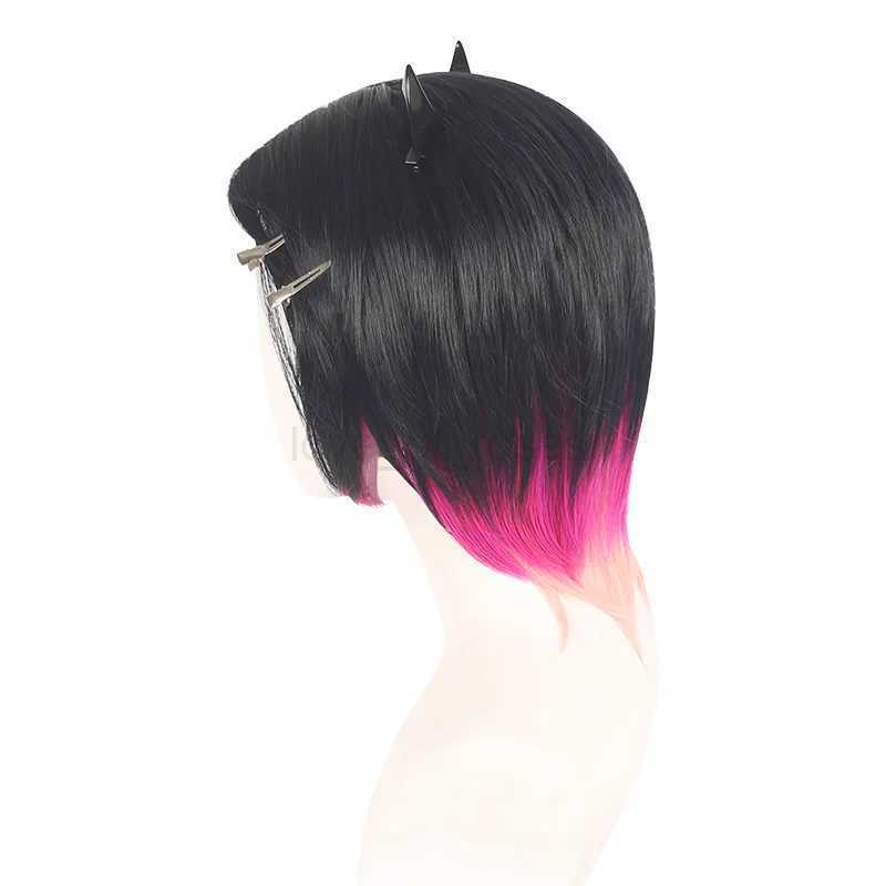 L-email wig Synthetic Hair Game Valorant Clove Cosplay Wig 35cm Black Mixed Rose Color Cosplay Wigs Heat Resistant WigM240712
