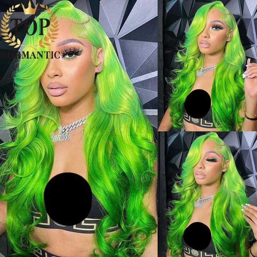 Topnormantic Ombre Bright Green Color Brazilian Hair Wig with Side Part 13x4 Transparent Lace Front Wig 13x6 Glueless Lace WigsM240712