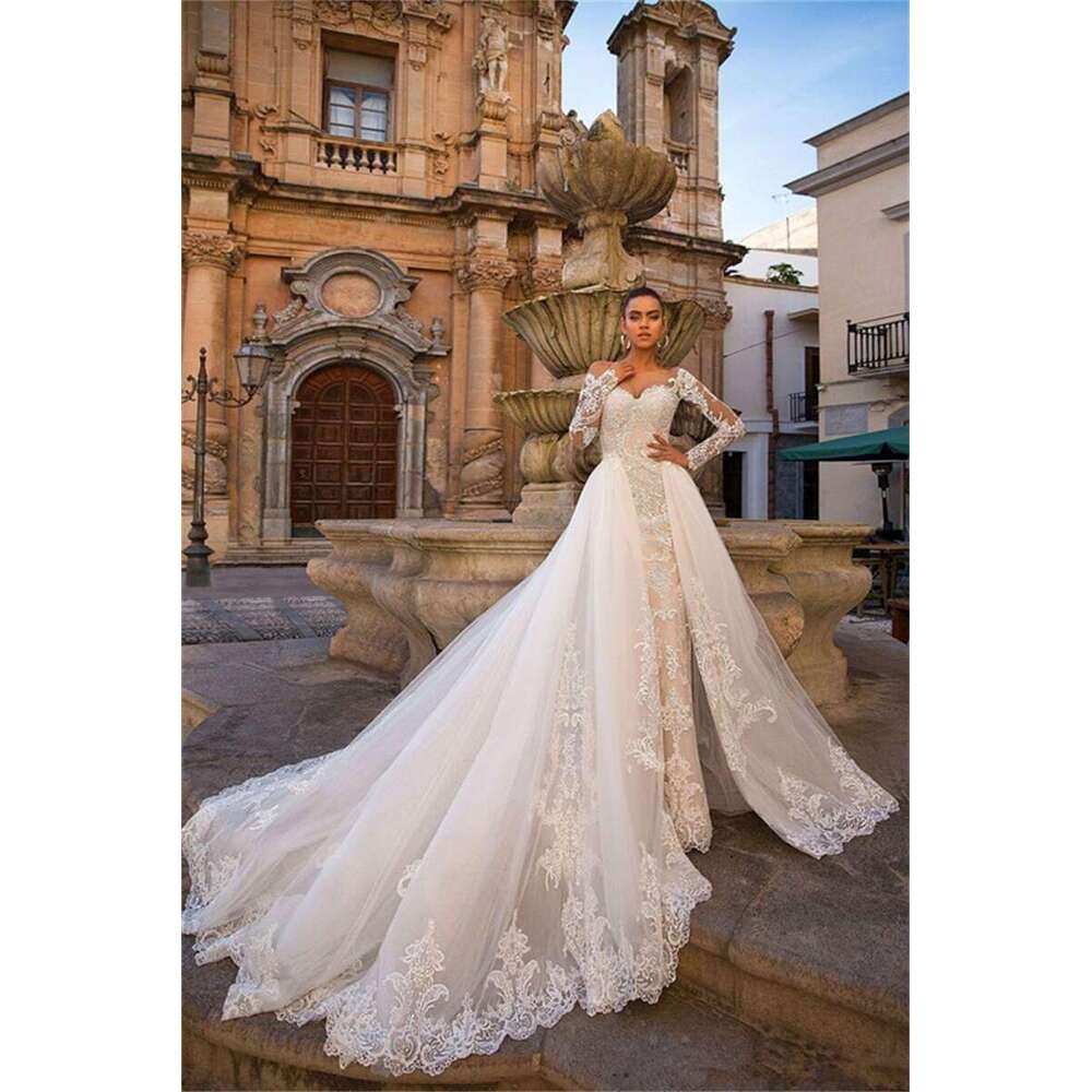 Sexy Mermaid Special Dresses With Detachable Train Bridal Gowns Sweetheart Long Sleeves Lace Appliques Tulle Overskirts Marriage 6660311