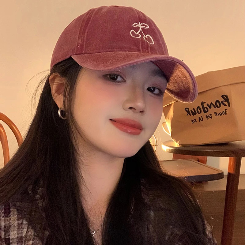 Pink Cherry Baseball Cap Women Y2K Korean Embroidered Hat Summer Solid Color Adjustable Female Sun Visor Hats 240626