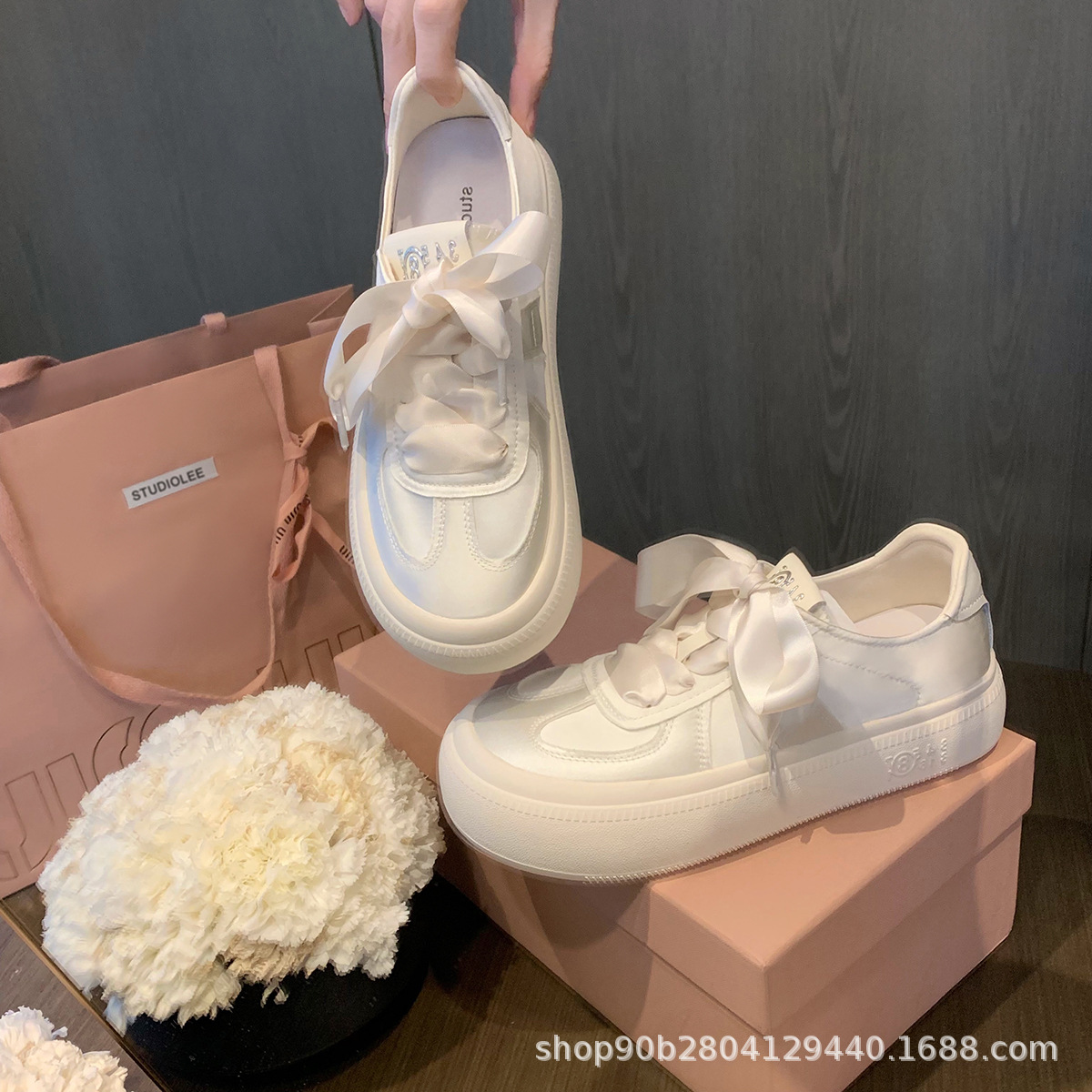 Designer In Black And Round Headed Patchwork Satin Leather White Height Increasing Thick Soled Lace Up Casual Board Shoes For Women