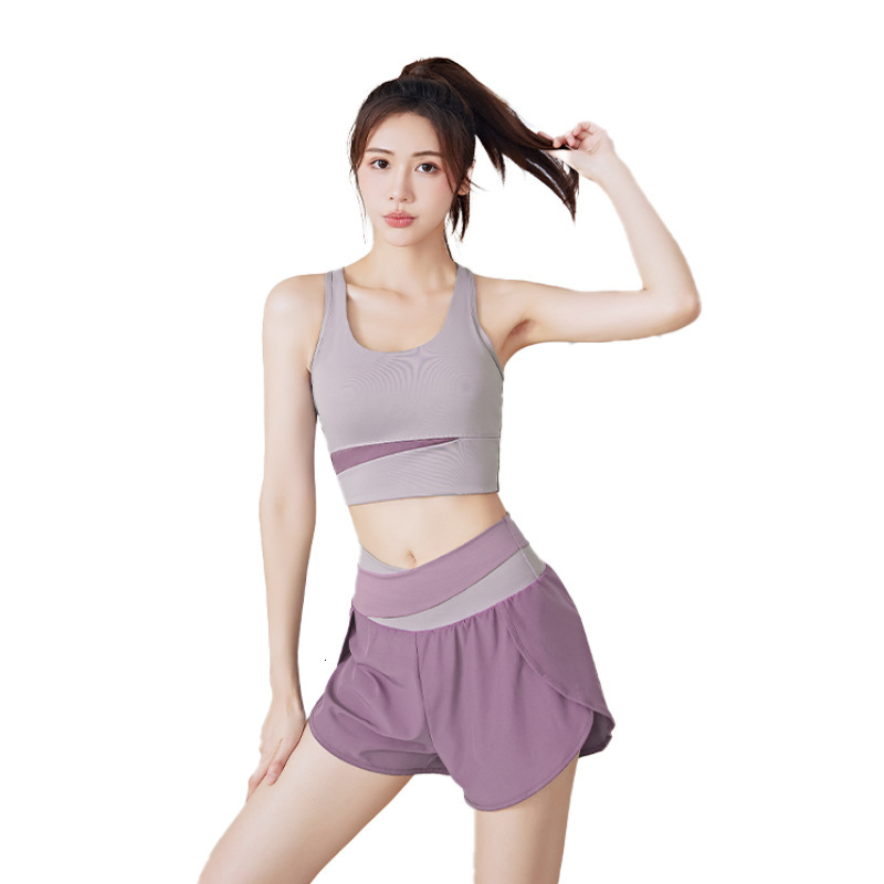 Solid Versatile Color Blocked Anti Light Fake Two-piece Fitness Shorts Nude Yoga Suit Set Novelty Short Yoga Jacket Fitness Clothing Women