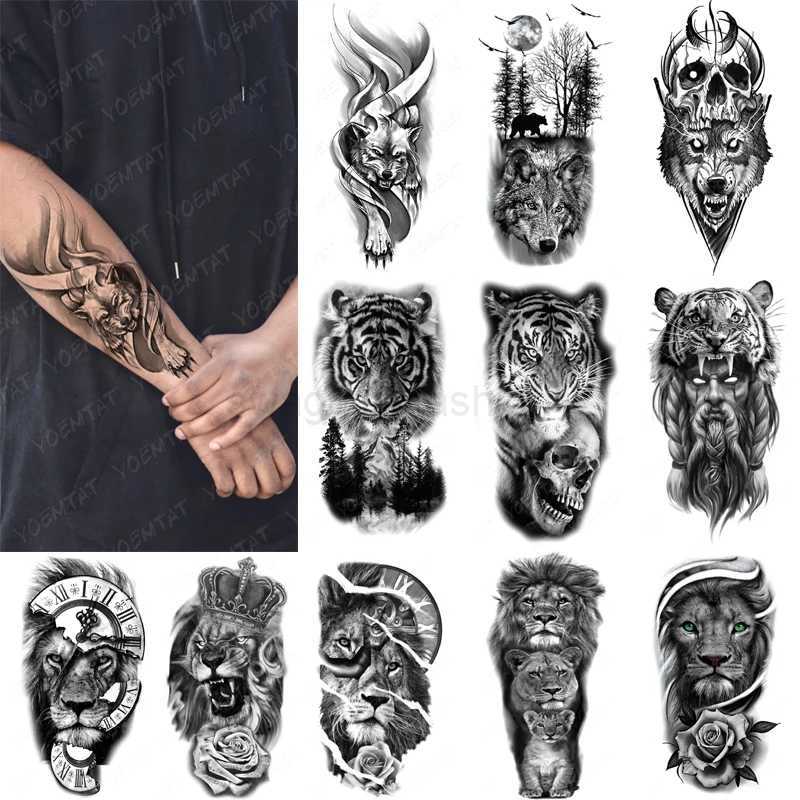 Tiger Lion Wolf Waterproof Temporary Tattoo Sticker For Men Tribal Transfer Flash Tatoo Arm Sleeve Body Art Fake Tattoos WomenB240712