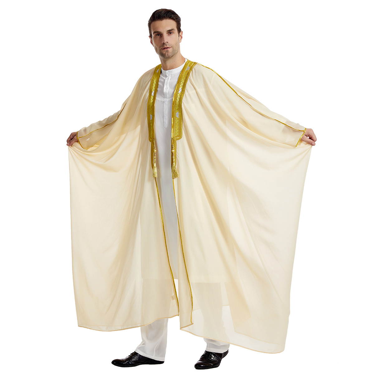 Gold Embroidery White Agbada Men African Traditional Clothes Nigeria Outfit Muslim Chiffon Outer Garment