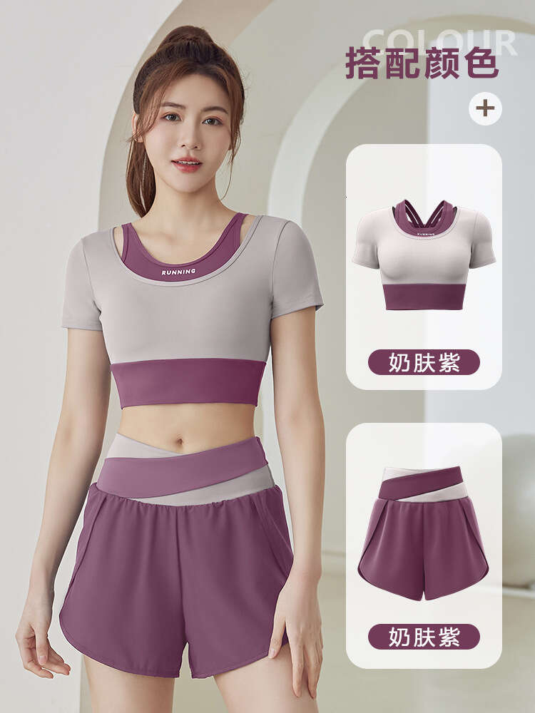Juyi Tang Summer New Short Colored Sports Fitness Leave Two Piece Yoga Clothing Set Temperament Bifurcated Workout Clothe Woman Yoga Jackets for Women