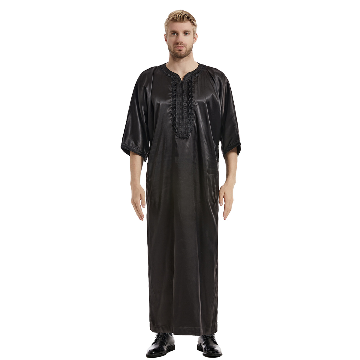Muslim Men Agbada Embroidery Dashiki Plus Size Boubou Mid Sleeve Robe Mens Clothes Party Meeting Formal Attire