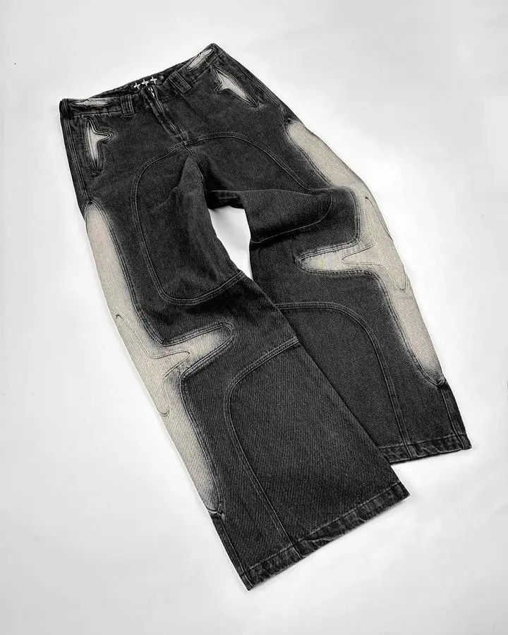 Hip Hop Punk Patchwork Black Ripped Baggy Jeans Rock Goth Y2k Jeans Wide Leg Floor Length Denim Pants Streetwear 240708