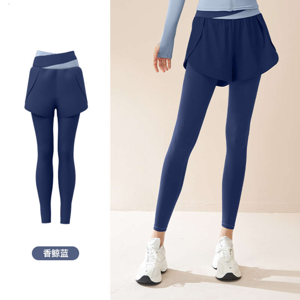 Fake Two-piece Color Blocked Stretch Yoga Pants, Anti Glare Running Sports, High Waist and Abdominal Compression, Nude Fitness Pants for Women Yoga To