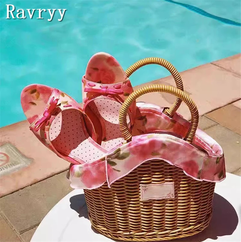 Sweet Pink Butterfly Knot Slippers Women Summer Open Toe Kitten Heels Sandals Girls Dress Party Casual Shoes 240712