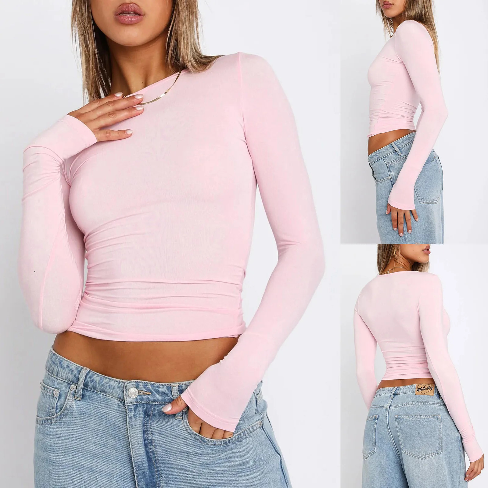 Pink Long Sleeve Tshirt Women Summer Cute White Crop Top Ladies Causal Sexy Slim O Neck Basic Tees Y2k Clothes 240712
