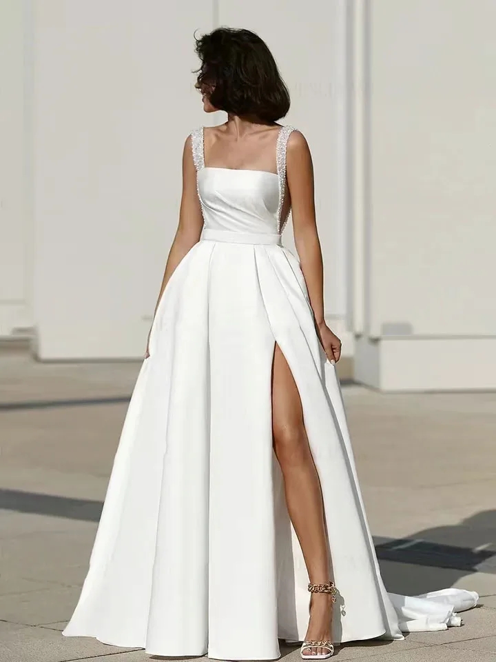 Satin 2024 Elegant Wedding Dresses Pearl Strap Sexy Side Split A Line Princess Bride Dress Bridal Gown Vestidos De Novia Custom Made