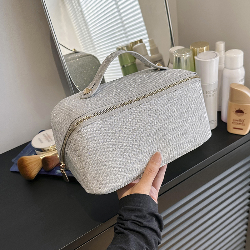 Makeup Bag Large Capacity Cosmetic Bags for WomenWaterproof Portable Pouch Open Flat Toiletry Bag Make up Organizer with Divider and Handle