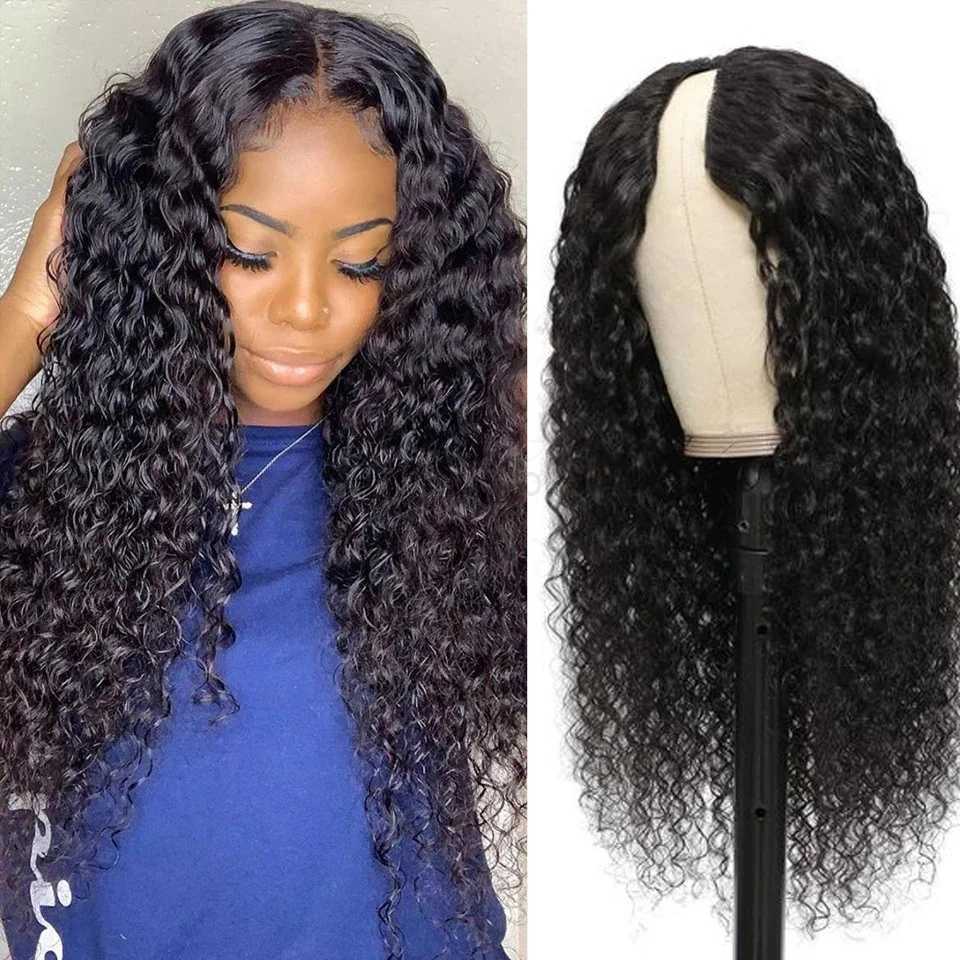 Cheap U Part Wigs Jerry Curly Brazilian Hair Wigs Natural Black Deep Wave Glueless V Part Wigs 180% Density WholesaleM240712