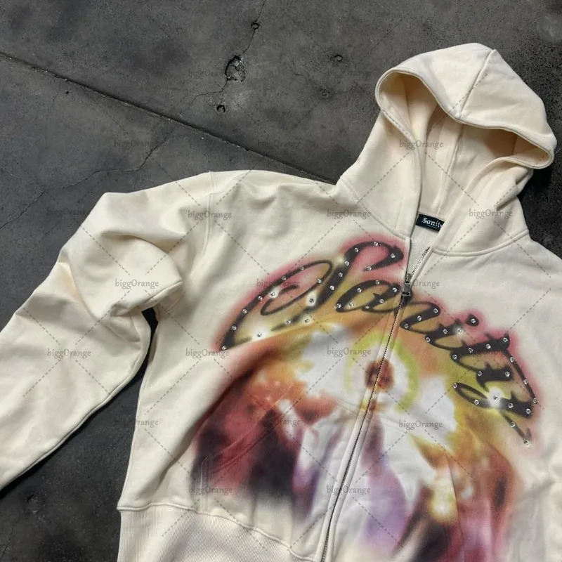 European And American Retro Zipper Hoodie Men Y2k Letter Graffiti Print Oversized Sweatshirt Haruku Versatile Jacket Women 240708