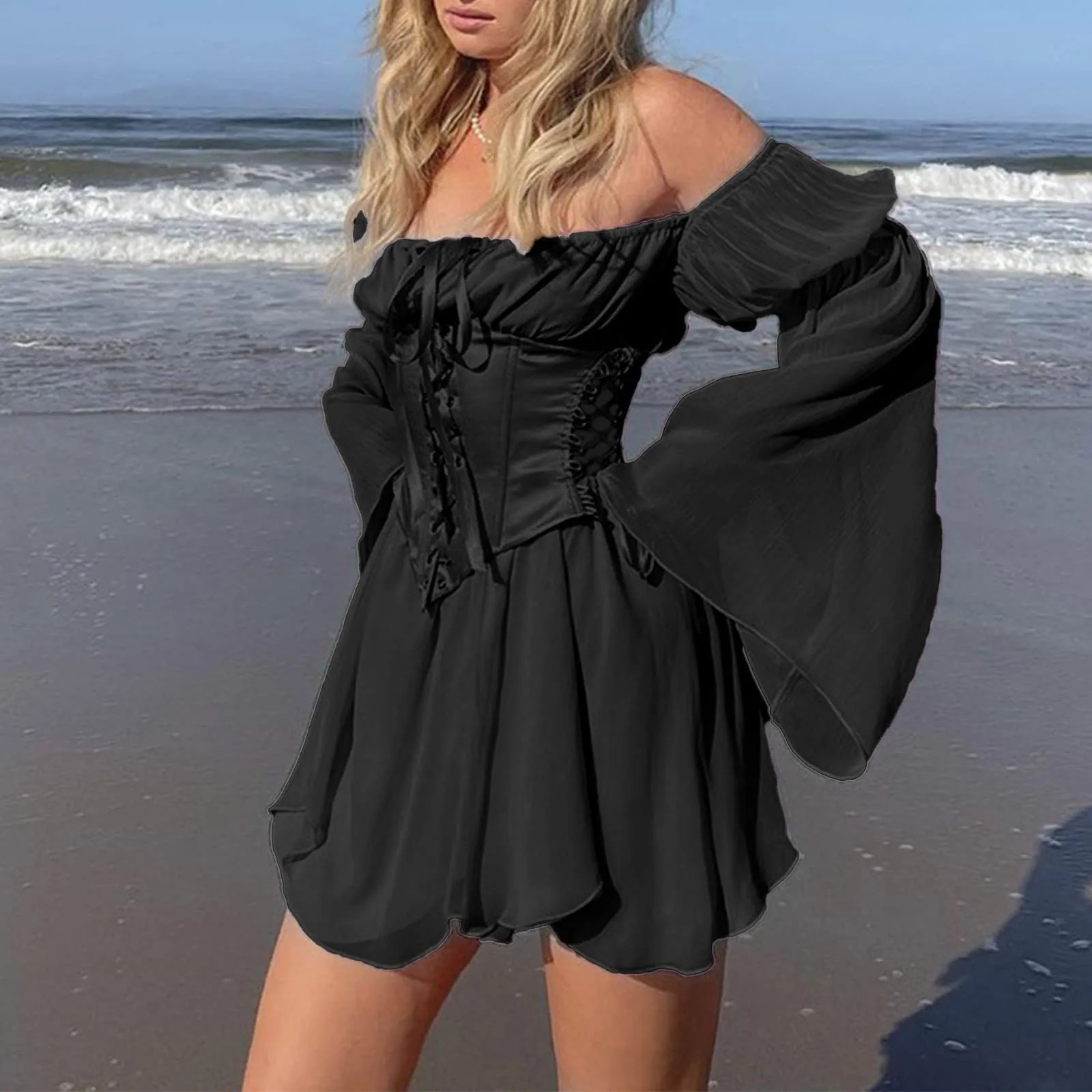 Sexy Off Shoulder Flare Sleeve Dress Lace Up Corset Elegant Dresses Solid Color Casual Swing Robe Womens Summer Chiffon 240712