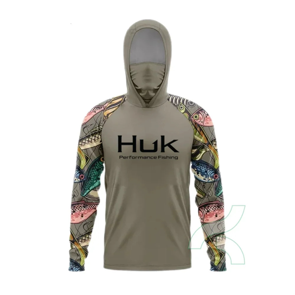 HUK Fishing Shirts Men Sun Protection Hoodie Mask All-in-one Fishing Clothing Ropa Pesca Hunting Camping Angling T-shirt Upf 50 240709
