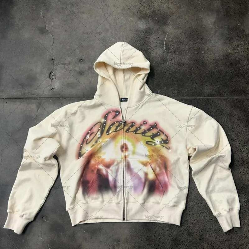 European And American Retro Zipper Hoodie Men Y2k Letter Graffiti Print Oversized Sweatshirt Haruku Versatile Jacket Women 240708