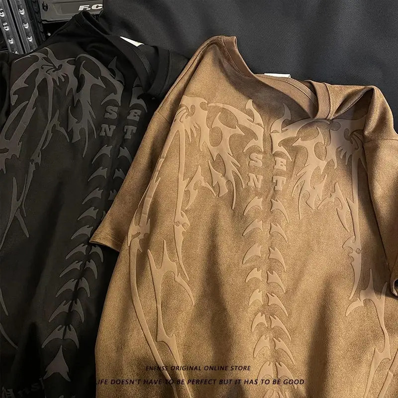 Y2k Top Retro Skull Wings Print Suede Short Sleeved T Shirt Mens Loose Couple All Match Trendy T-shirt Street Style 240703