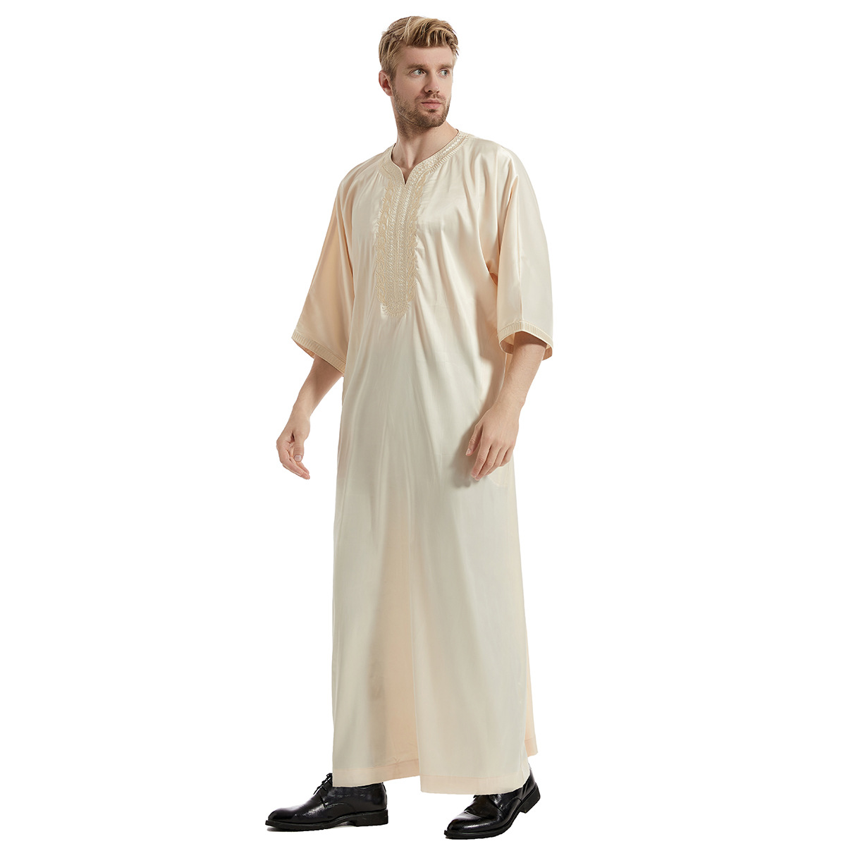 Muslim Men Agbada Embroidery Dashiki Plus Size Boubou Mid Sleeve Robe Mens Clothes Party Meeting Formal Attire