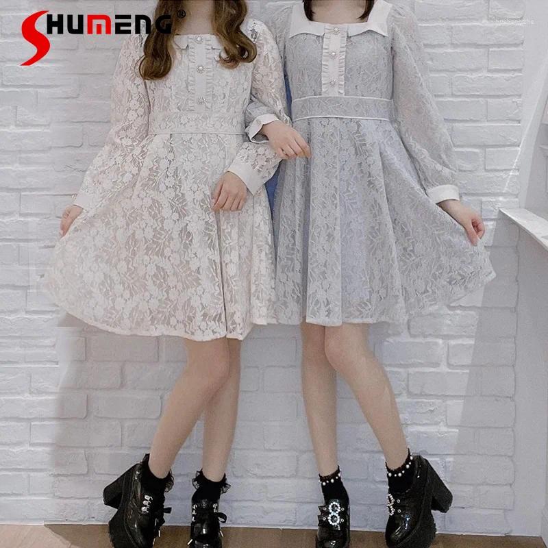 Casual Dresses Japanese French Style Square Collar Drill Bucket Lace Elegant Dress Sweet Cute Female Long Sleeve Waist Trimming Short