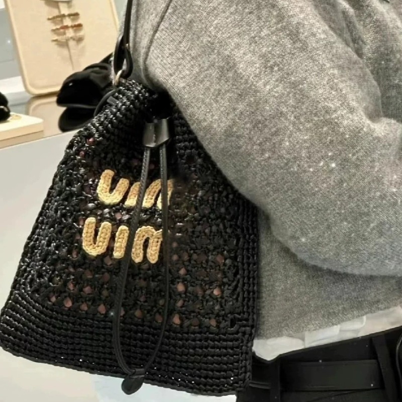 Summer Drawstring Woven Handbag Stylish Straw Shoulder Bag