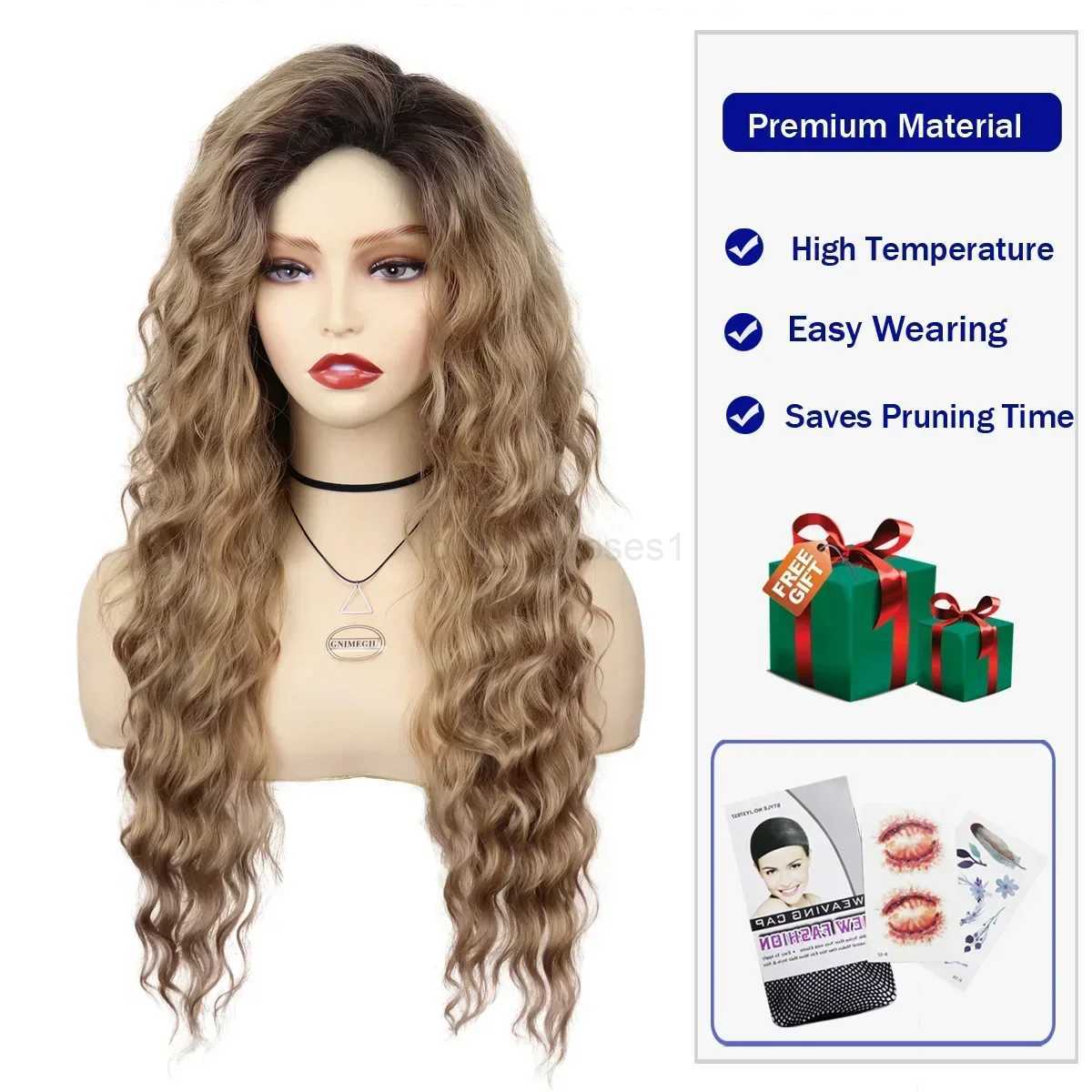 GNIMEGIL Synthetic Long Wave Cur Wigs Female Natural Brown Wig with Clip Free Part Side Bangs 80s Curly Wigs for Women Ombre WigM240712