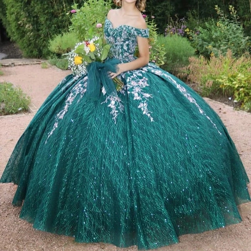 Emerald Green Shiny Quinceanera Dresses Off Shoulder Puffy Skirt Gillter Lace Applique Beads Corset Mexican Vestido 15 anos